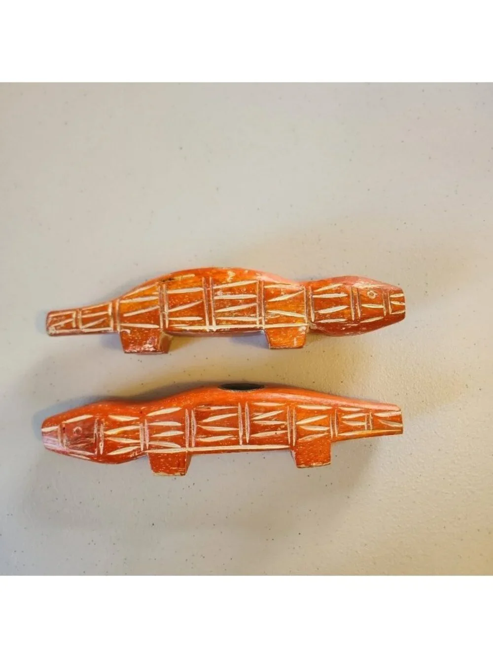 Vintage Pottery Barn Boho Whitewashed Orange Figural Lizard Wood Candle Holders